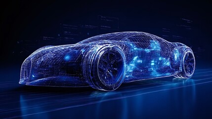 Digital sports car blueprint with abstract wireframe technology