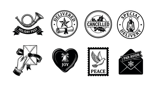 Set of black and white vintage holiday postal icons and stamps featuring a post horn, delivery seals, a letter, a dove of peace, and a bell of joy for festive mail