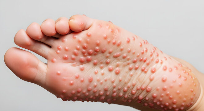 Human foot sole covered with numerous small red bumps and blisters skin