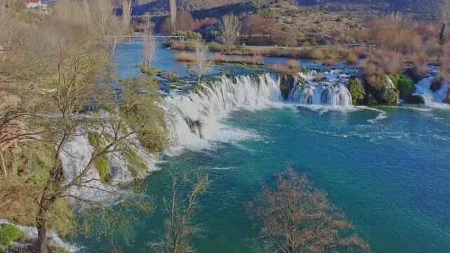 Aerial Drone video of Berberov Buk Waterfall on Zrmanja River in Dalmatia, Croatia