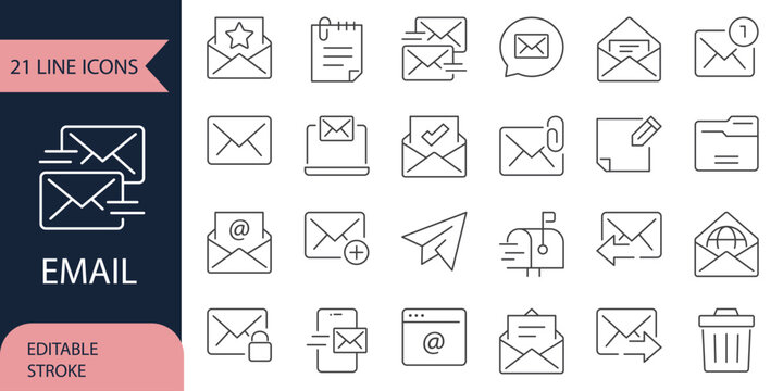 Minimalist line email icon set with editable stroke featuring inbox, message, envelope, notification, mailing, and interface symbols. Contact line editable icon set. Envelope icons