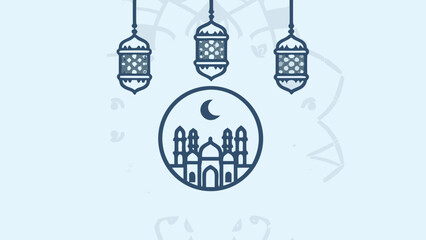 Fototapeta premium Illustrated cityscape under three hanging lanterns with a crescent moon
