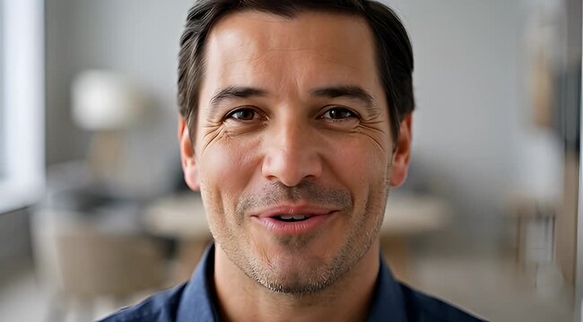 Close up portrait of smiling darkhaired man with stubble and wrinkles