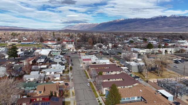 CALIFORNIA - 2.24.2026 - Very good aerial panorama of Bishop, California, with mountains in the background.