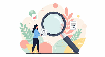 Woman analyzing data through magnifying glass surrounded by graphic elements and foliage