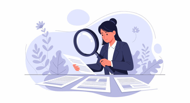Woman analyzing documents with a magnifying glass in a serene office environment