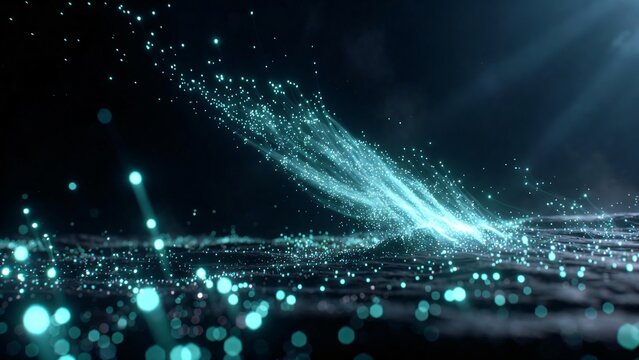 Abstract glowing particles forming dynamic wave of light over dark surface, representing data flow and digital connectivity.