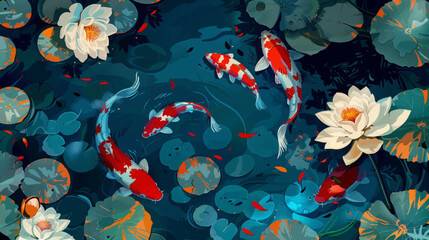 Obraz premium Koi fish swimming amongst water lilies in a serene pond setting design