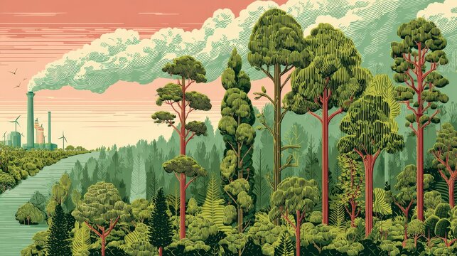 A detailed illustration shows a dense forest in the foreground with tall trees, while a factory emitting smoke pollutes the sky in the background.