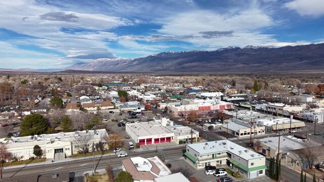 CALIFORNIA - 2.24.2026 - Wonderful aerial view of Bishop, California with a dramatic mountain range in the background.