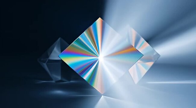 Abstract image of crystal structures with light rays shining through them