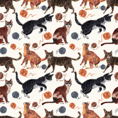 Seamless pattern with cats and yarn balls. Artistic illustration of various felines playing with woolen skeins. Decorative textile background design for pet shop and animal lover decor. © An Chubenko