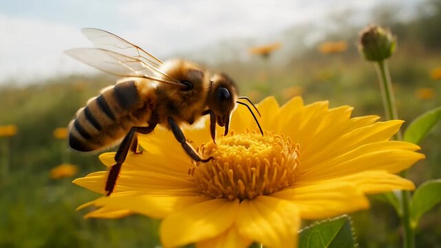 Close up of honey bee collecting pollen from bright yellow flower