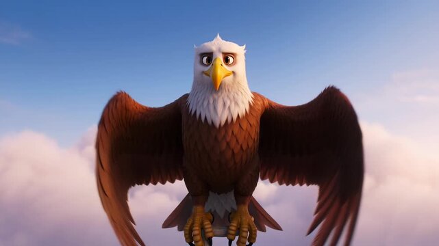 Animated bald eagle perched against a cloudy sky background perfect for children