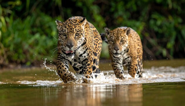 Two jaguars stride through shallow water, lush greenery blurred in the background, water splashing around them