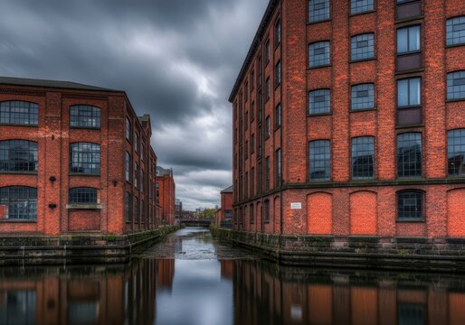Historic industrial architecture featuring weathered red brick walls towering over a dark urban waterway under a dramatic, gray, overcast sky, architecture, regeneration, factory