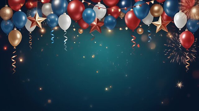 Vibrant patriotic celebration background with red, white, and blue balloons and fireworks