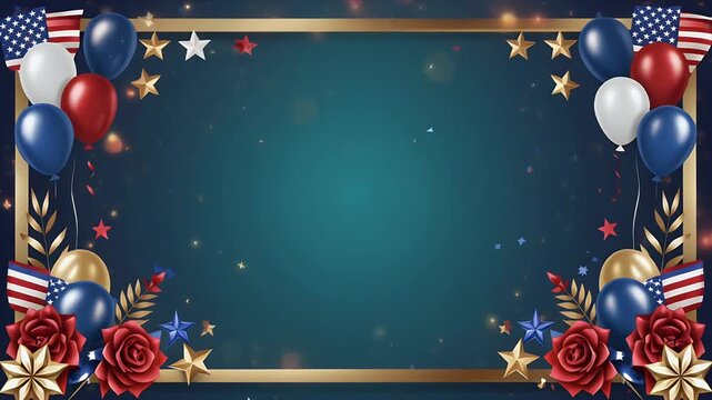 Elegant gold frame with colorful balloons on dark blue background
