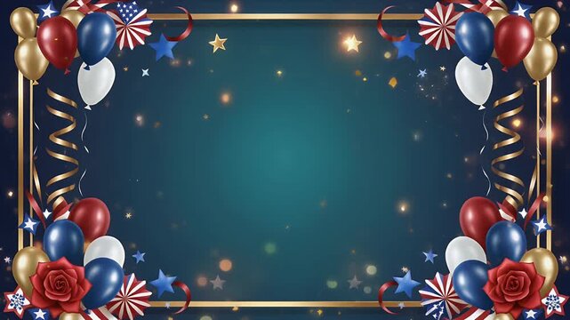 Celebratory gold frame with colorful balloons on dark blue background