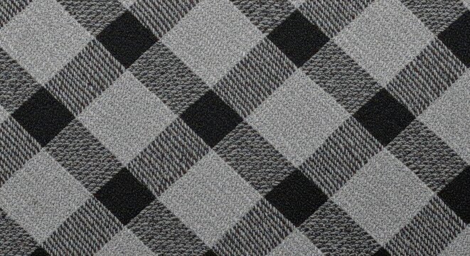 Neutral gray and charcoal interwoven textile showcasing a traditional diagonal twill weave and complex checkered tartan pattern suitable for backdrop design, silver, weave, diagonal