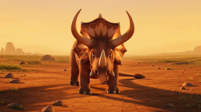 Cartoon triceratops dinosaur walking across dry landscape at sunset or sunrise