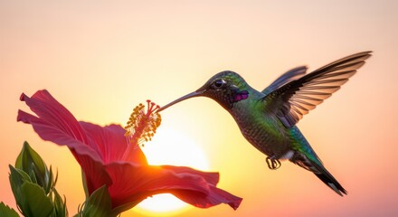 Fototapeta premium Hummingbird sips nectar from vibrant red hibiscus flower at sunset