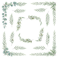 Obraz premium Set of elegant watercolor botanical elements including eucalyptus branches and olive tree leaves