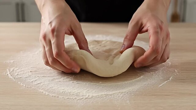 Close up shot of hands kneading dough on a wooden surface