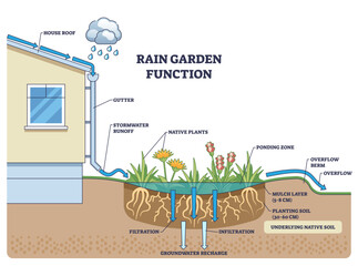 Fototapeta premium Rain garden function shows gutter runoff filtering through soil to recharge groundwater, key, downspout, native plants, soil layers, transparent background.