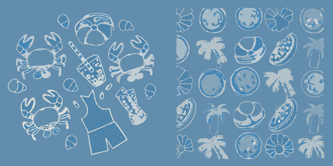 A playful pattern of beach elements crabs shells and tropical plants © Tusar