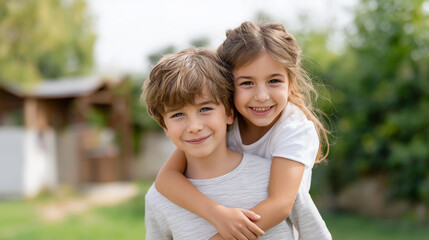 Fototapeta premium Happy smile portrait children outdoor bonding, backyard together sunshine low angle, love kids playing summer holiday, childhood siblings family, hug home outdoor moment, with