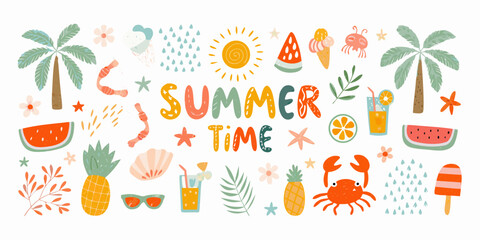 A colorful summer illustration featuring tropical elements and bright lettering © Tusar
