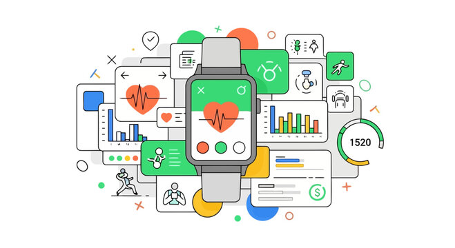 Smartwatch displaying health data surrounded by various digital icons and charts from a top-down viewpoint