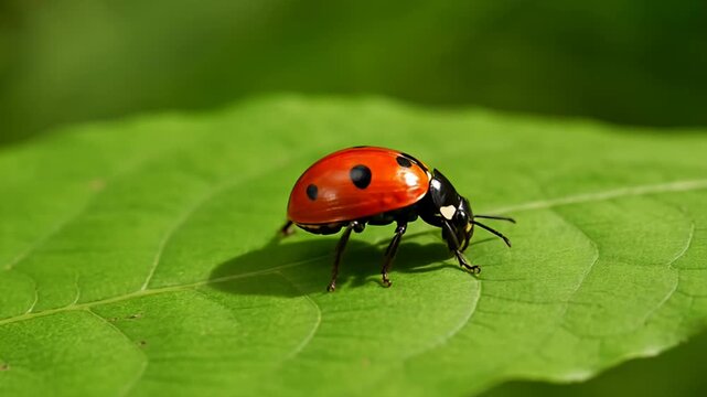 A vibrant ladybug with black spots perched delicately on a lush green leaf