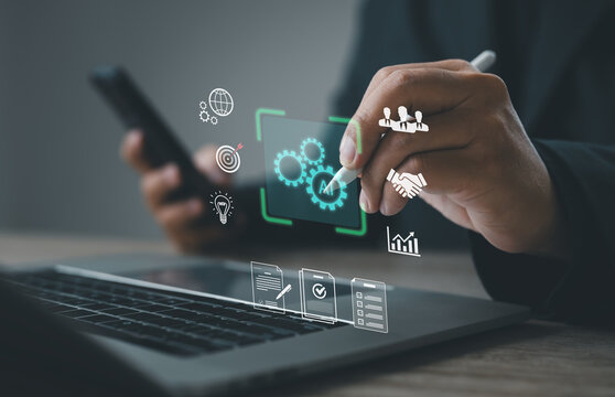 Artificial intelligence automating digital workflow and business processes on virtual interface with gears and analytics icons. Concept of AI technology, smart management, productivity, and innovation