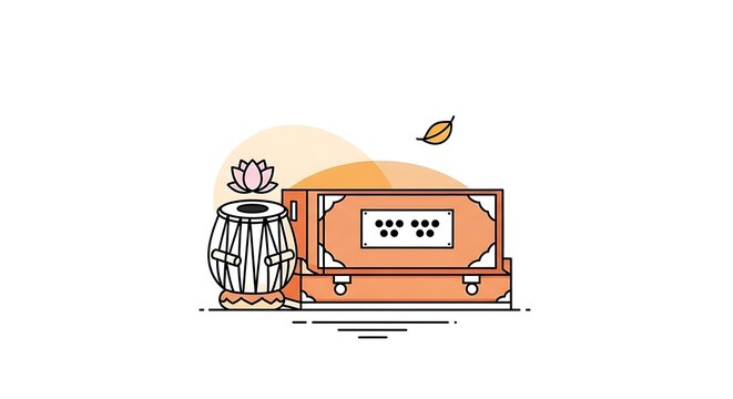 Illustration featuring a tabla drum, a harmonium, a lotus flower, and a falling leaf against a white backdrop