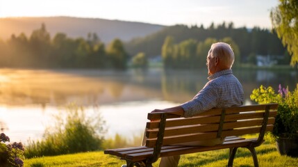 Serene Man Sitting on Garden Bench by Calm Lake