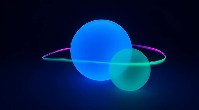 Abstract illustration of two glowing spheres with a colorful ring on dark background