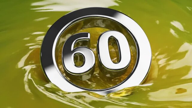 Metallic speed limit sign for sixty in fluid movement and motion with vibrant colors and shiny reflection