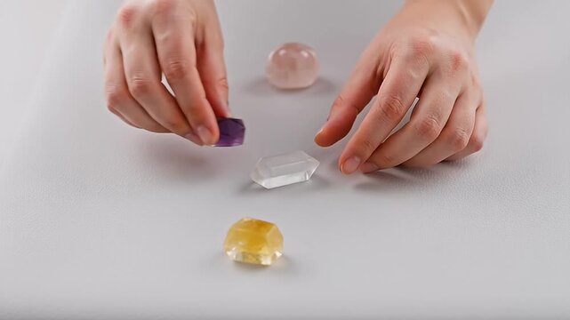 Woman arranging assortment of colorful healing crystals on a light gray surface
