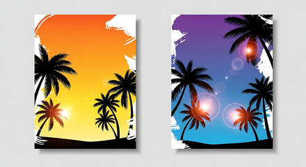 Obraz premium Vibrant tropical sunset and twilight palm tree graphics with brush stroke frames and luminous digital flares