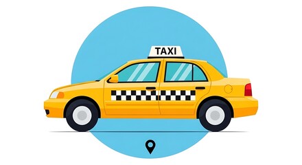 Obraz premium Cartoon-style illustration features a bright yellow sedan with black and white checkerboard markings, a 