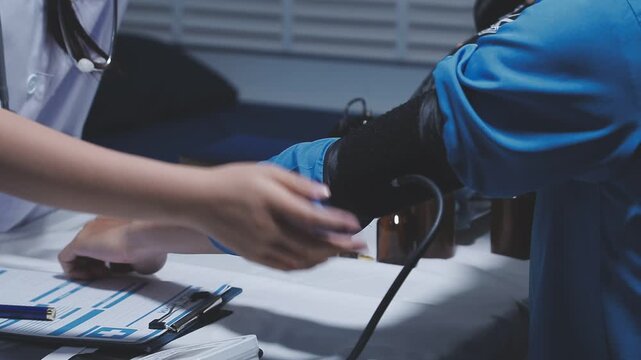 Doctor using stethoscope take a tap on the patient's arm and pressing pressure gauge button.
