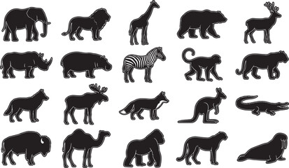 Fototapeta premium A striking silhouette collection of diverse wild animals. This image features a range of fauna, each rendered in bold, contrasting black and a neutral background.