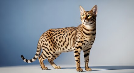 Bengal Cat Standing Against Blue Background