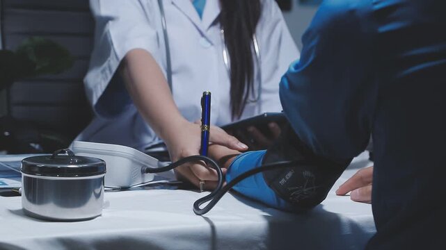 Doctor using stethoscope take a tap on the patient's arm and pressing pressure gauge button.