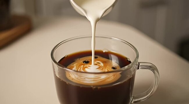 Cream cascading into a clear glass mug of dark black coffee