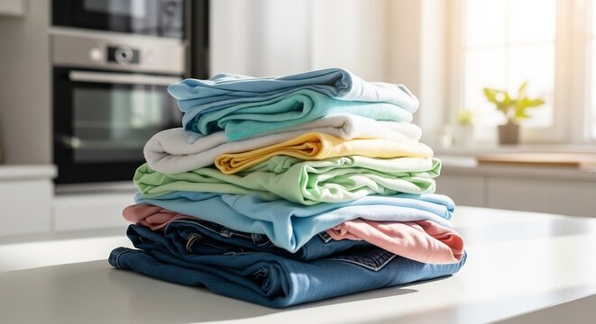 Stack of Clean Folded Laundry on a Kitchen Countertop.