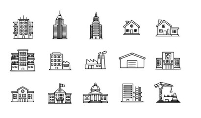 Obraz premium A set of black and white line art illustrations of various buildings and structures