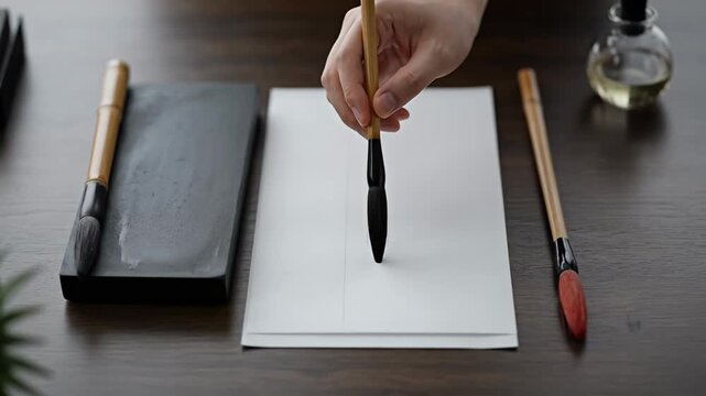 Close up of a traditional East Asian calligraphy setup with ink and paper